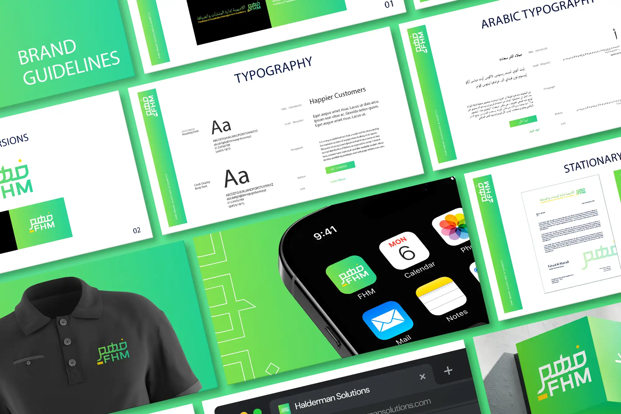 FRPROTECH brand identity project showing a cohesive brand colour palette with primary, secondary, and accent colours applied across a brand guidelines system
