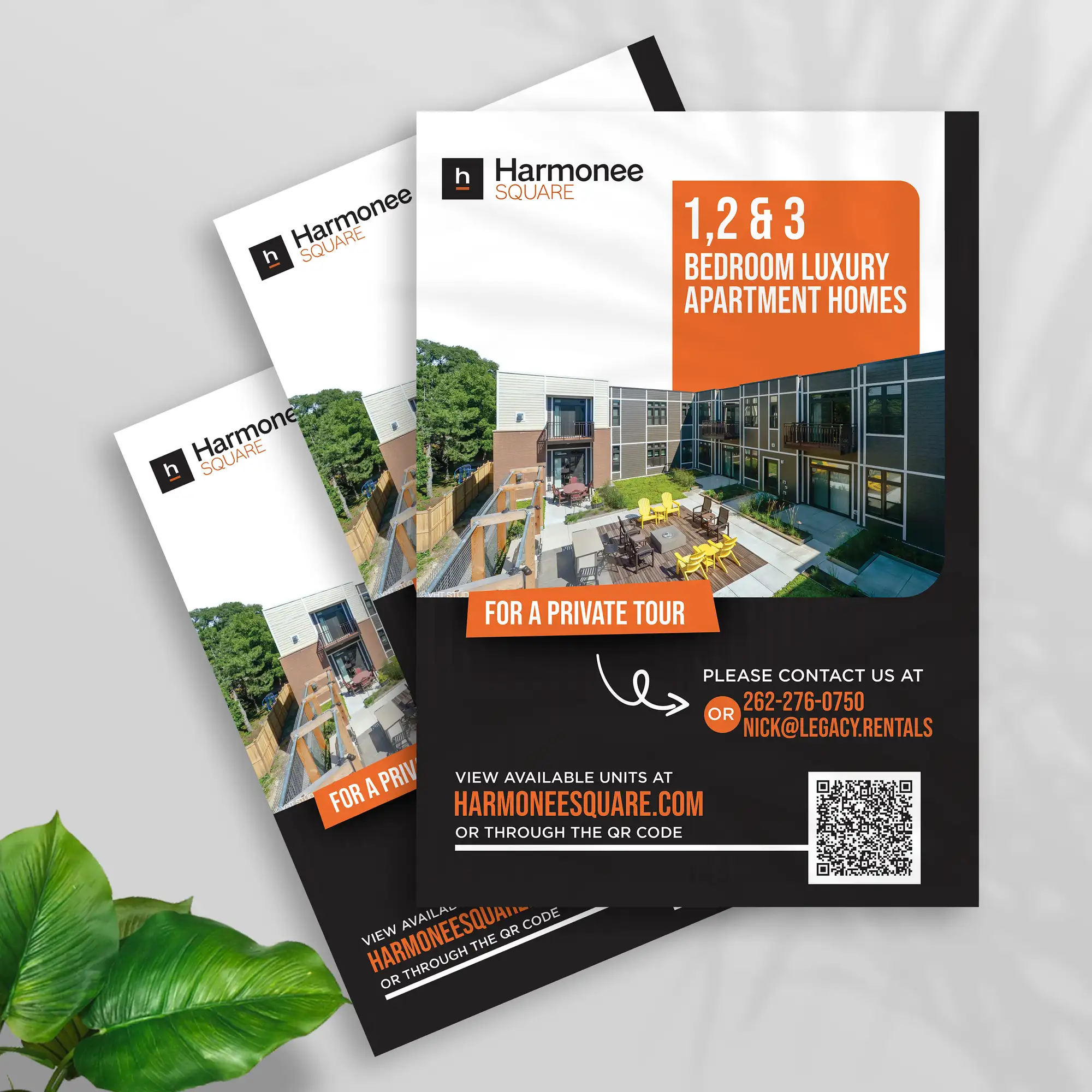 FRPROTECH graphic design project showing a real estate flyer with clear visual hierarchy, where size, colour, and spacing guide the eye from headline to call to action