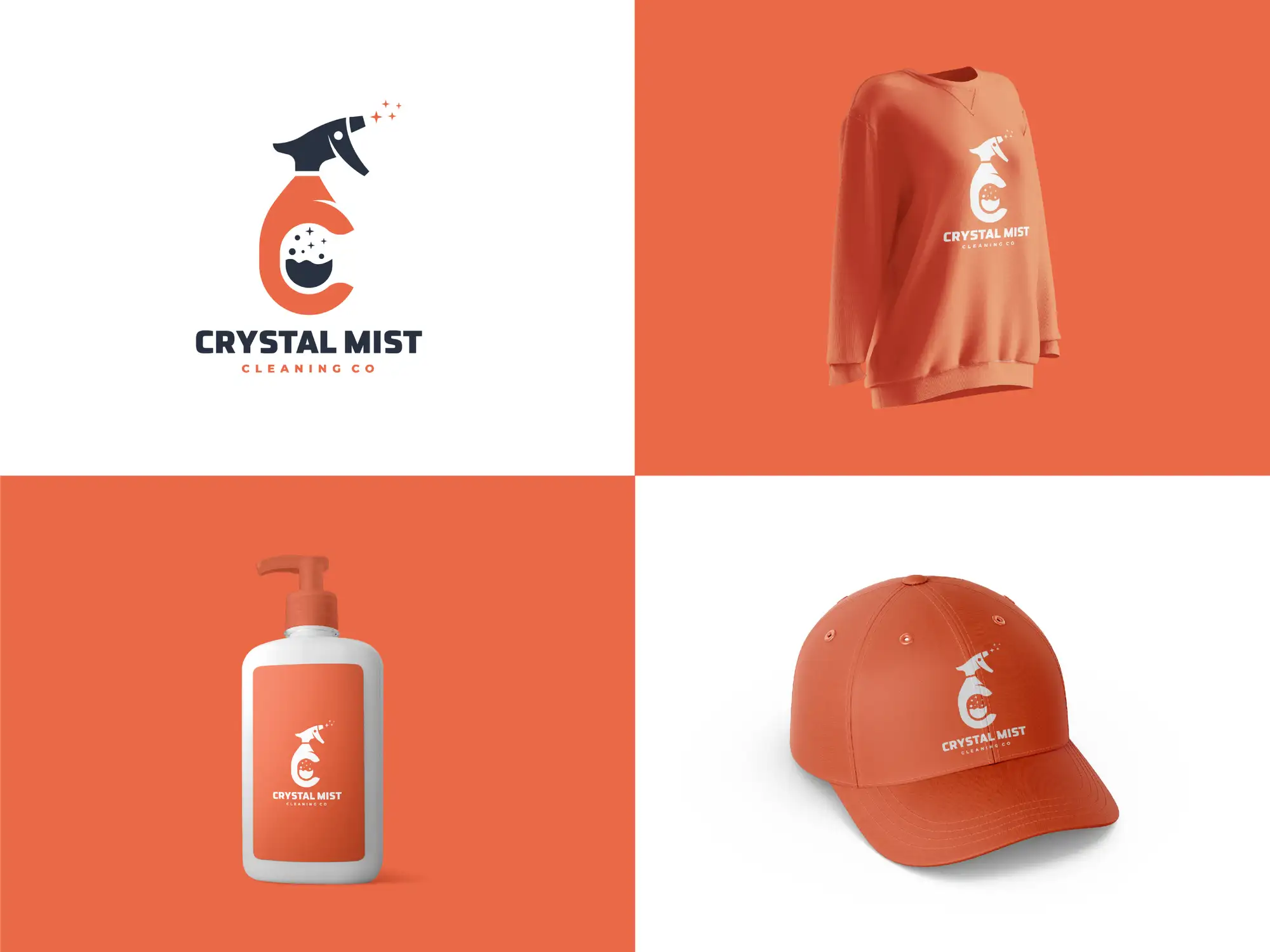 A clean, professional cleaning company logo design by FRPROTECH shown on a uniform, spray bottle and cap — an example of logo design for cleaning companies in 2026 that reads as trustworthy on a van, a profile photo and a door hanger