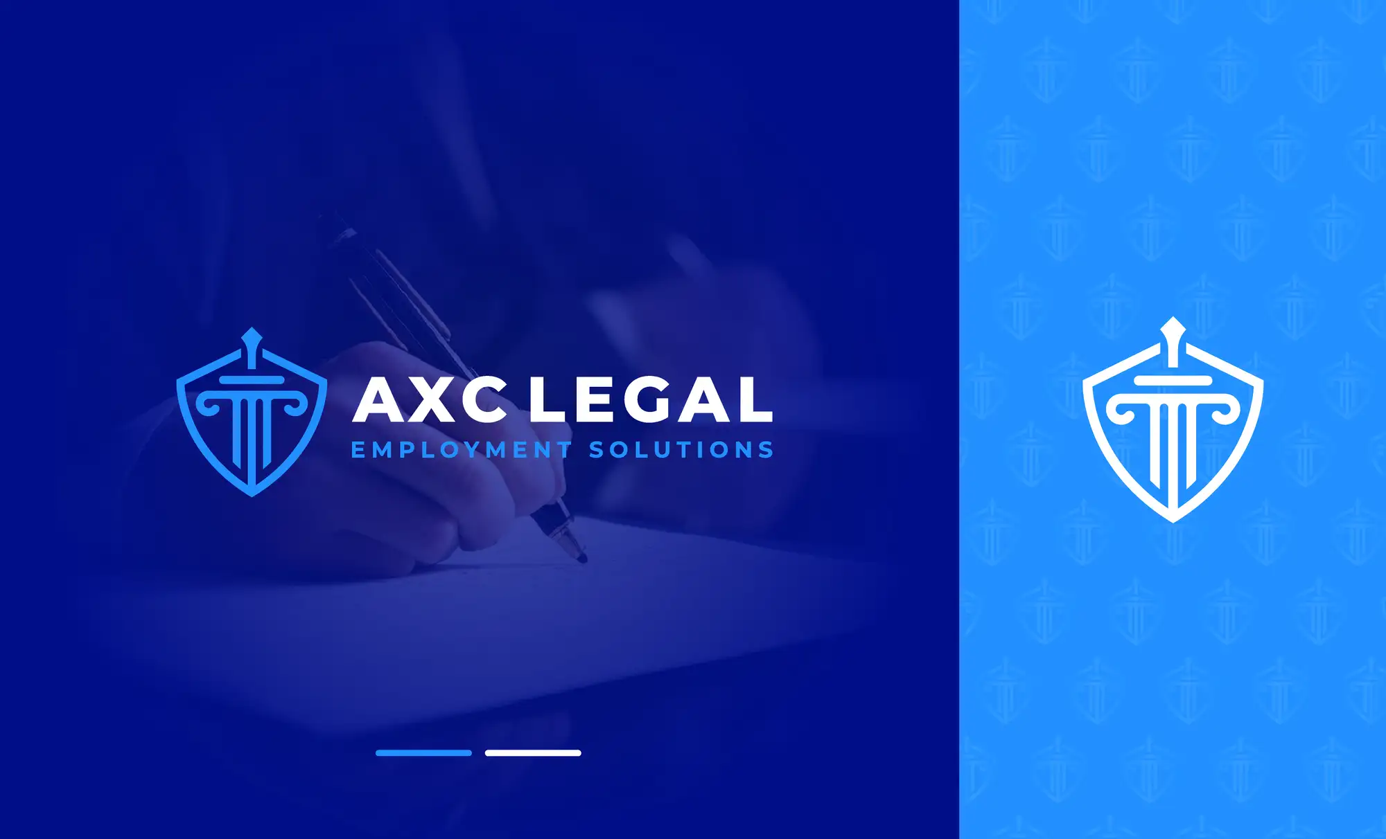 A professional law firm logo designed by FRPROTECH — the AXC Legal brand built on a shield-and-pillar emblem in navy and blue — an example of logo design for law firms that signals authority and trust across signage, letterhead and a social avatar in 2026