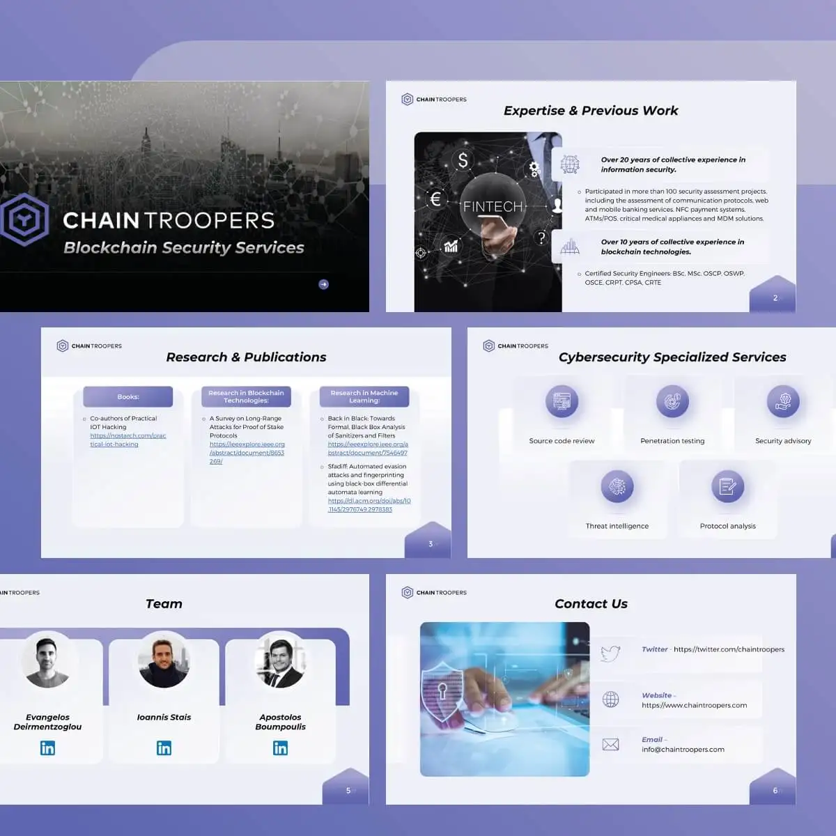 A clean, investor-ready cybersecurity startup pitch deck designed by FRPROTECH showing a problem slide, a traction chart and a security architecture diagram — an example of pitch deck design for cybersecurity startups in 2026 that reads as credible to a VC partner and a CISO