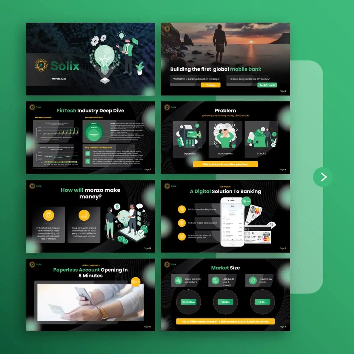 An investor-ready SaaS fintech pitch deck slide designed for founders, showing the kind of clean data storytelling a pitch deck design service produces
